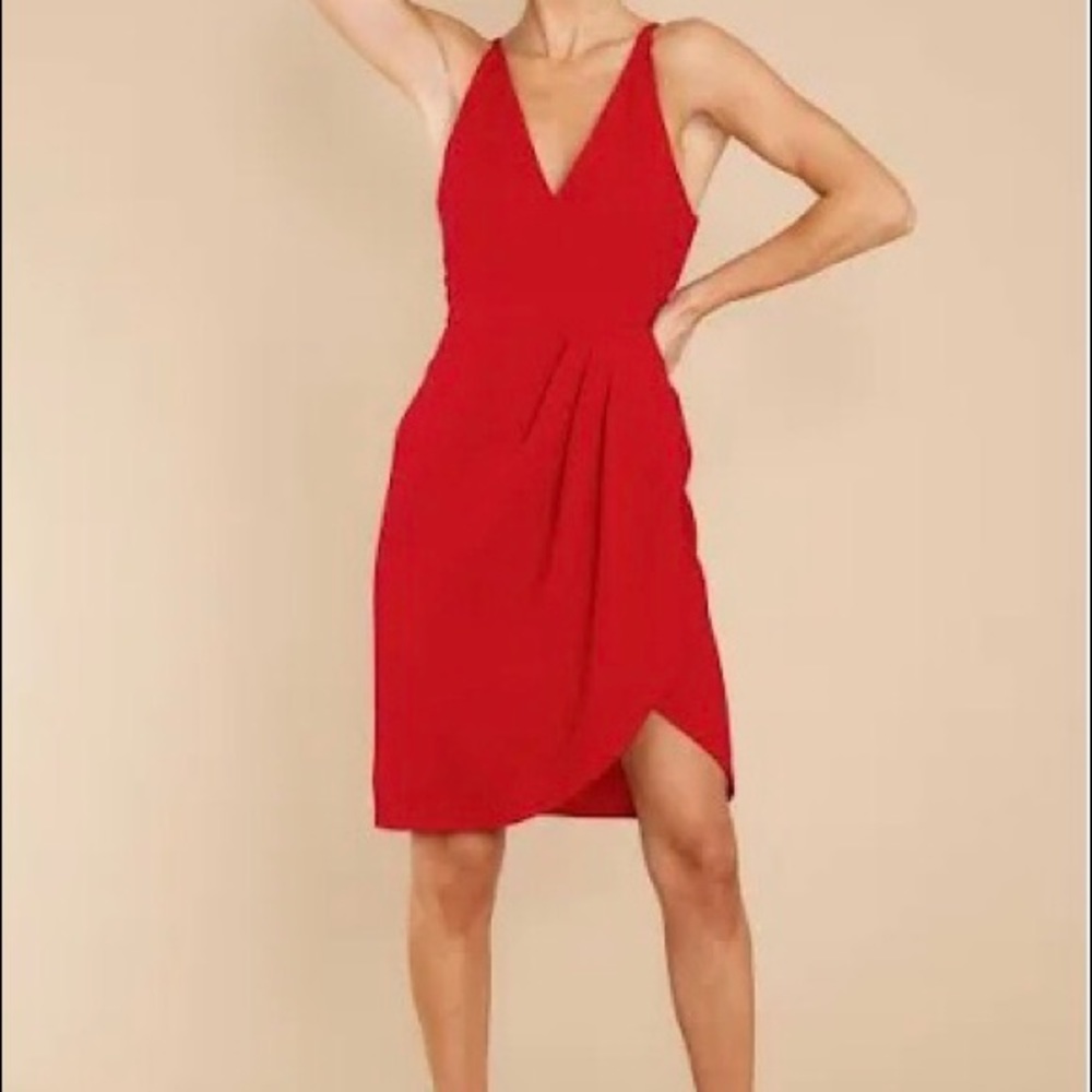 Express Red Faux Wrap V-Neck w/ Ties on Side High/Low Scooped Back Work Dress